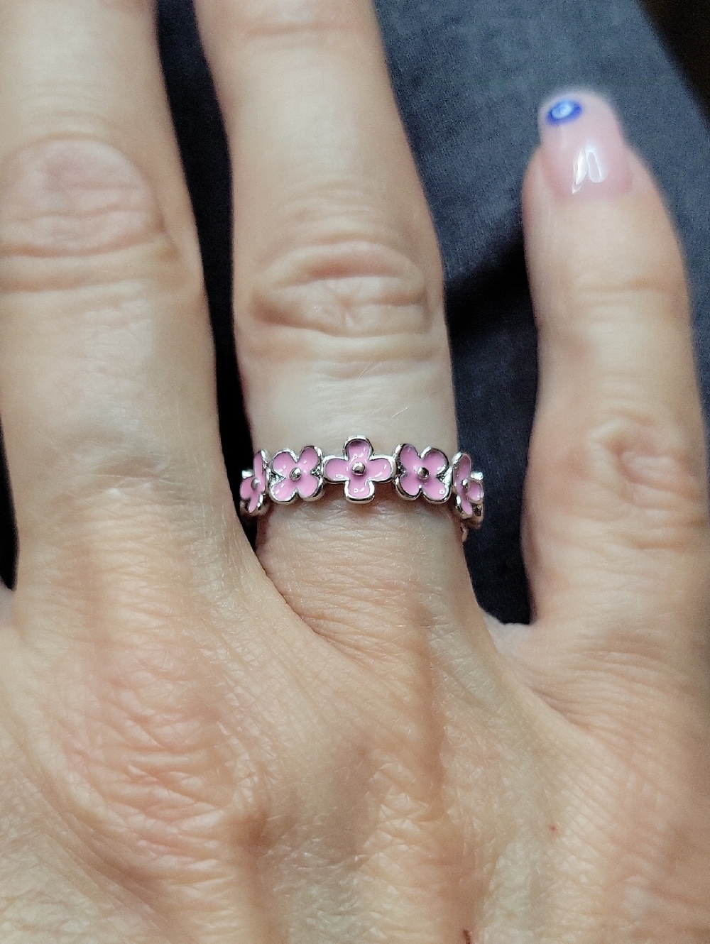 Dainty Pink Enamel Flower Silver Band Ring